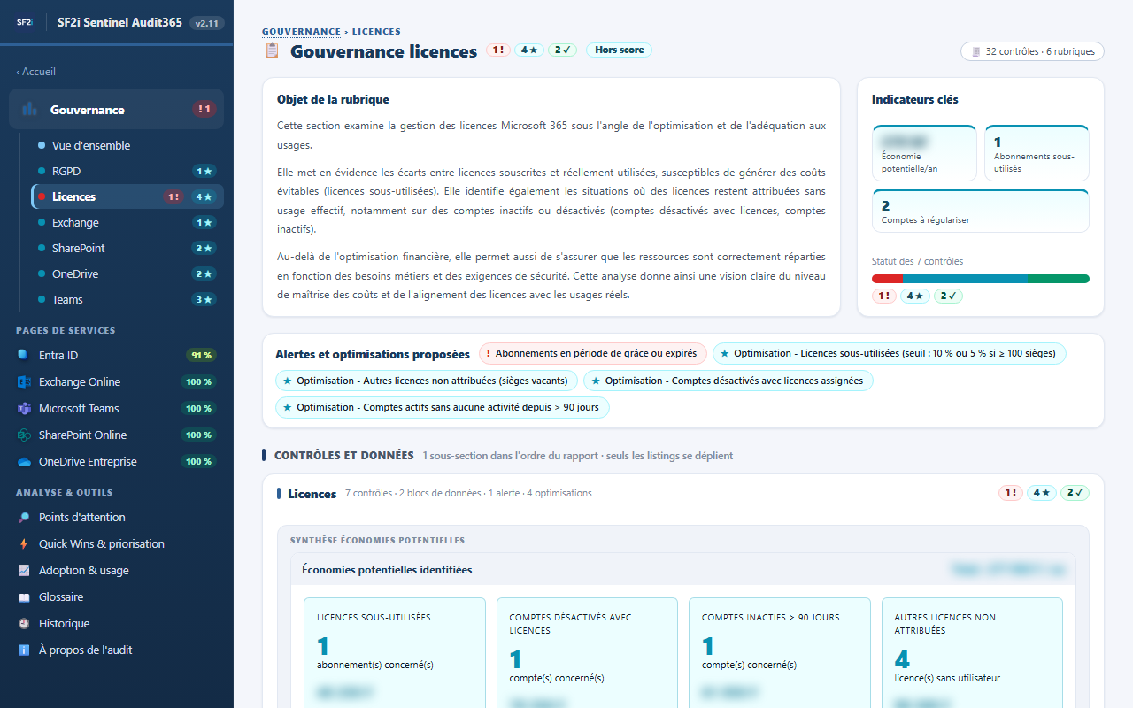Page Gouvernance licences d'un rapport de démonstration : indicateurs clés, alertes et optimisations proposées, économies potentielles par catégorie (montants masqués).